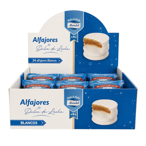 [8425206001361] Alfajores de Dulce de Leche Mardel Chocolate Blanco Caja Display 24 Uds.